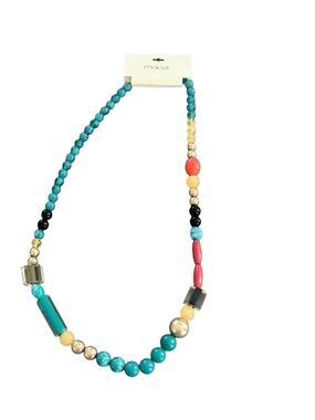 Macys Long beaded necklace, turquoise gold yellow clear red beads NWT